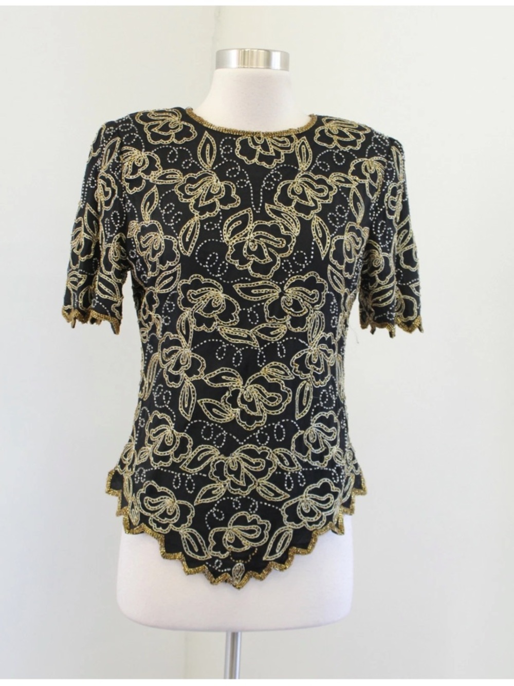 Vtg Laurence Kazar Black Gold Silk Beaded Sequin Formal Blouse Top Sz M/L
